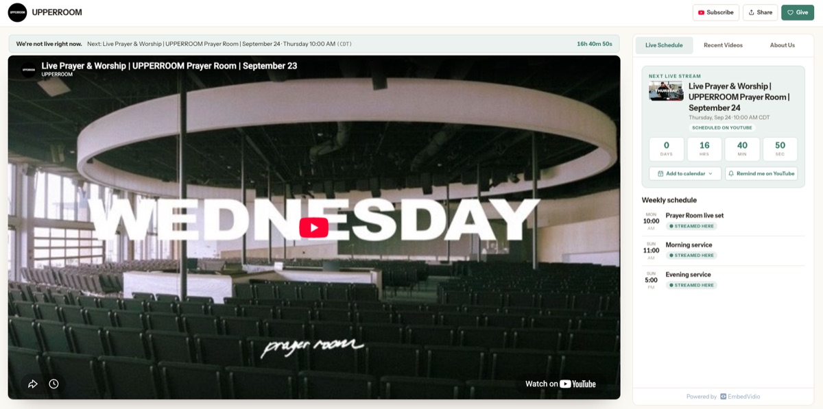 A hosted church Live Page showing the live video, weekly schedule, countdown, and recent services