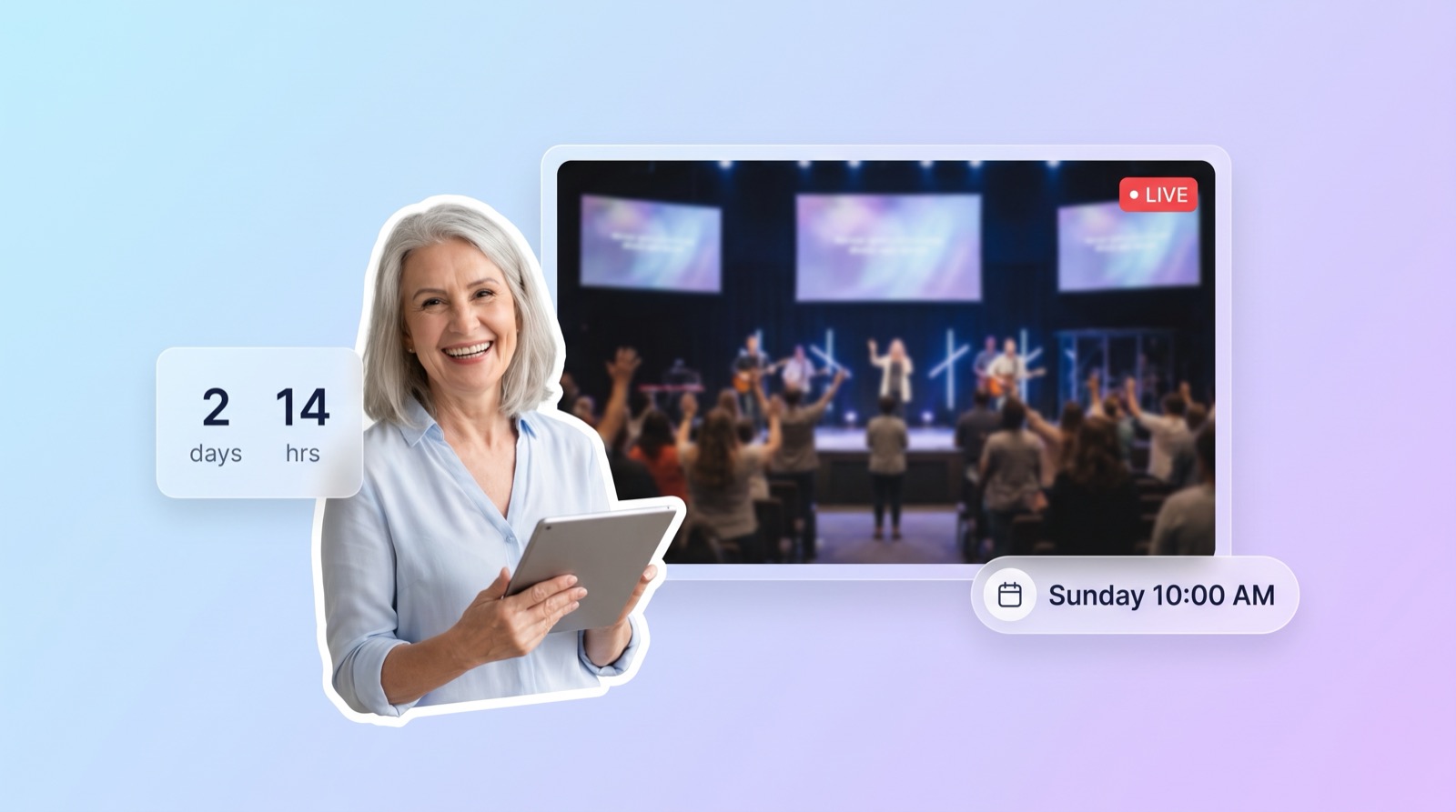 A church live stream watch page with a live video, countdown, and weekly schedule on one link