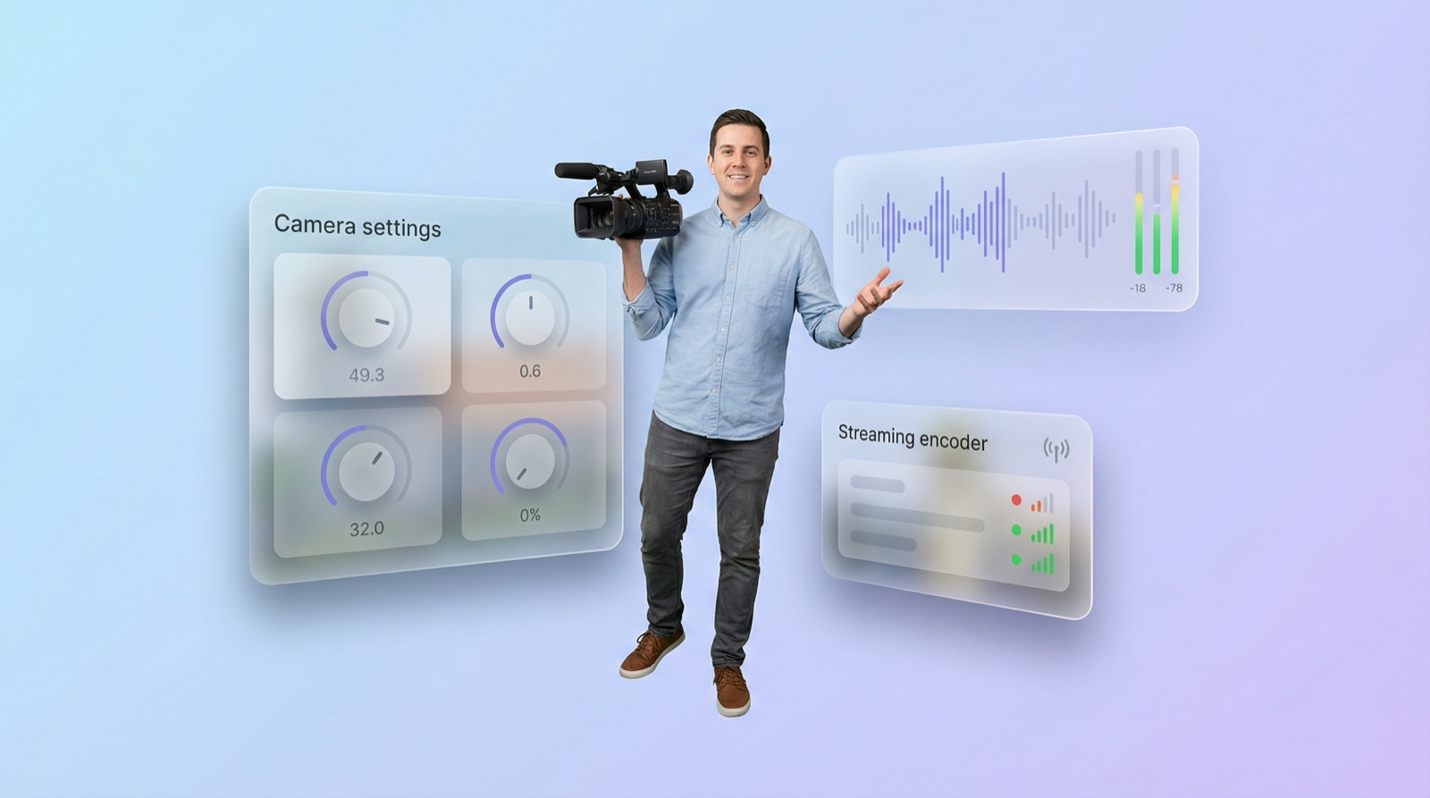Church tech volunteer holding a camcorder with floating streaming equipment UI elements