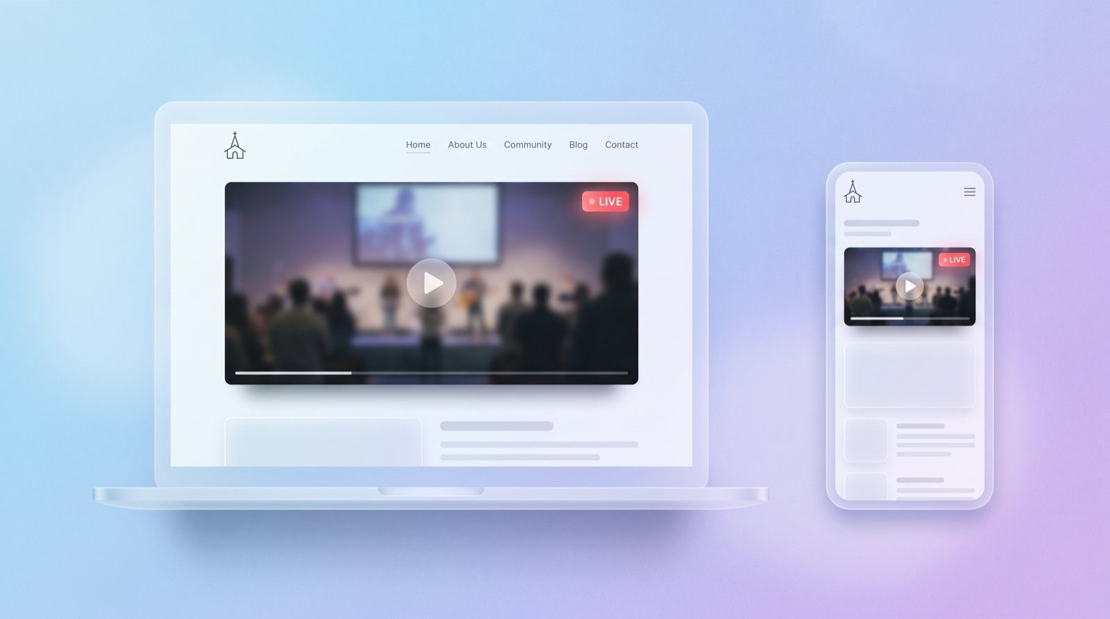 A Sunday service playing inside a simple church website, shown on a laptop and a phone with a live indicator