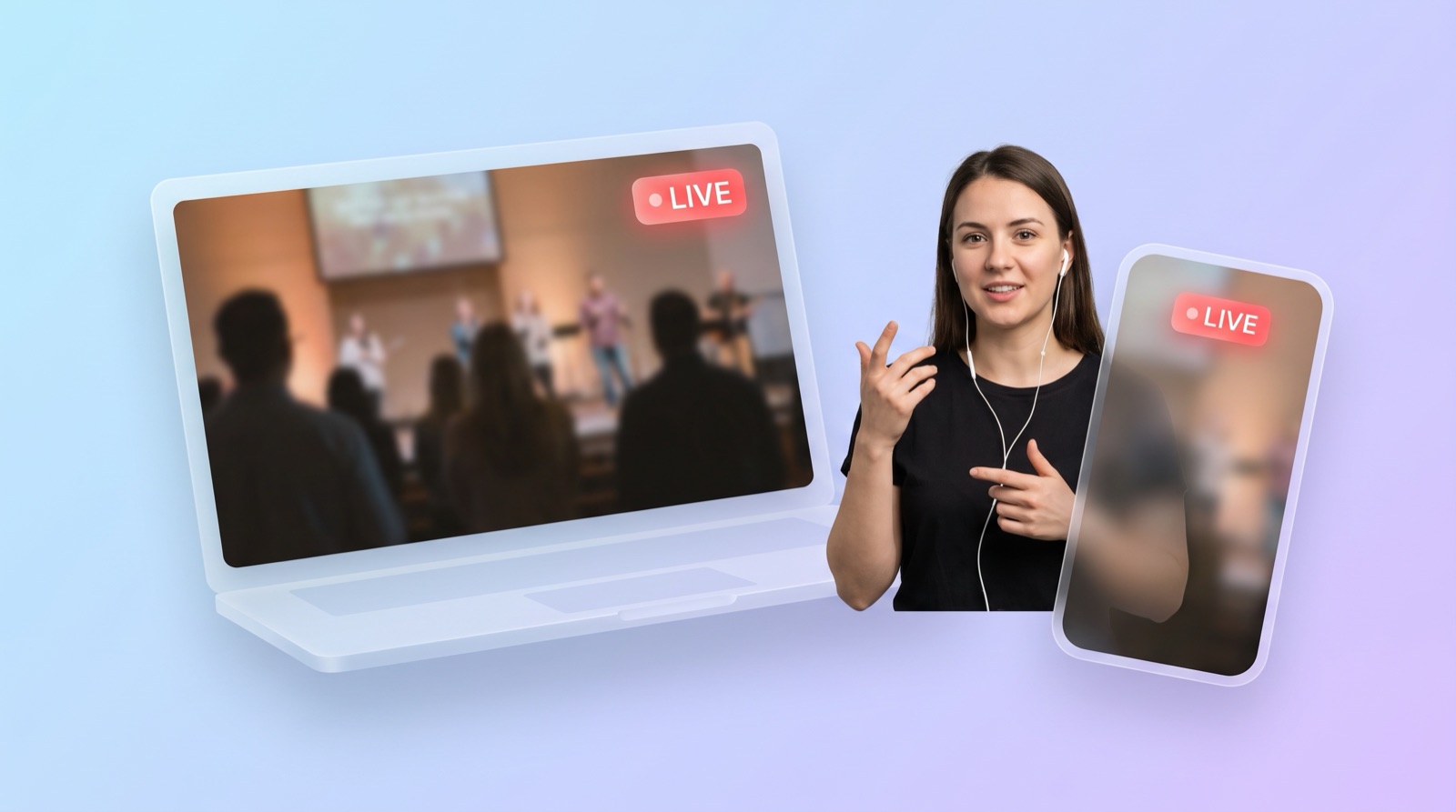 A church service live stream playing inside a church website on a laptop and phone