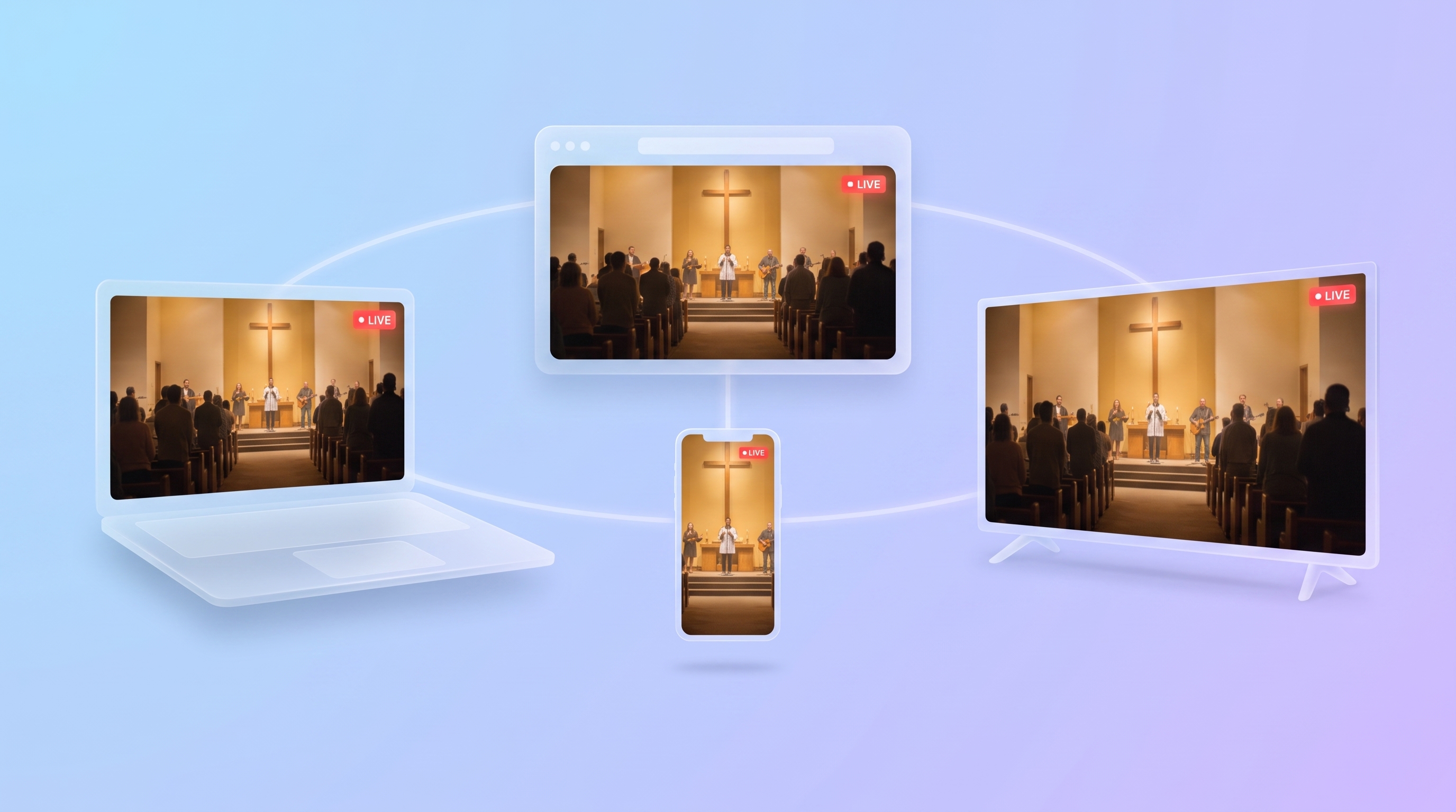 The same church service playing on a laptop, phone, and TV from one church website
