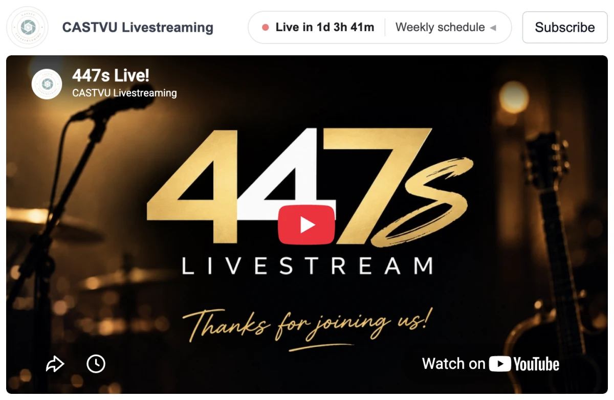 The header style: a white pill beside the channel name reading Live in 1d 3h 41m, with a Weekly schedule toggle