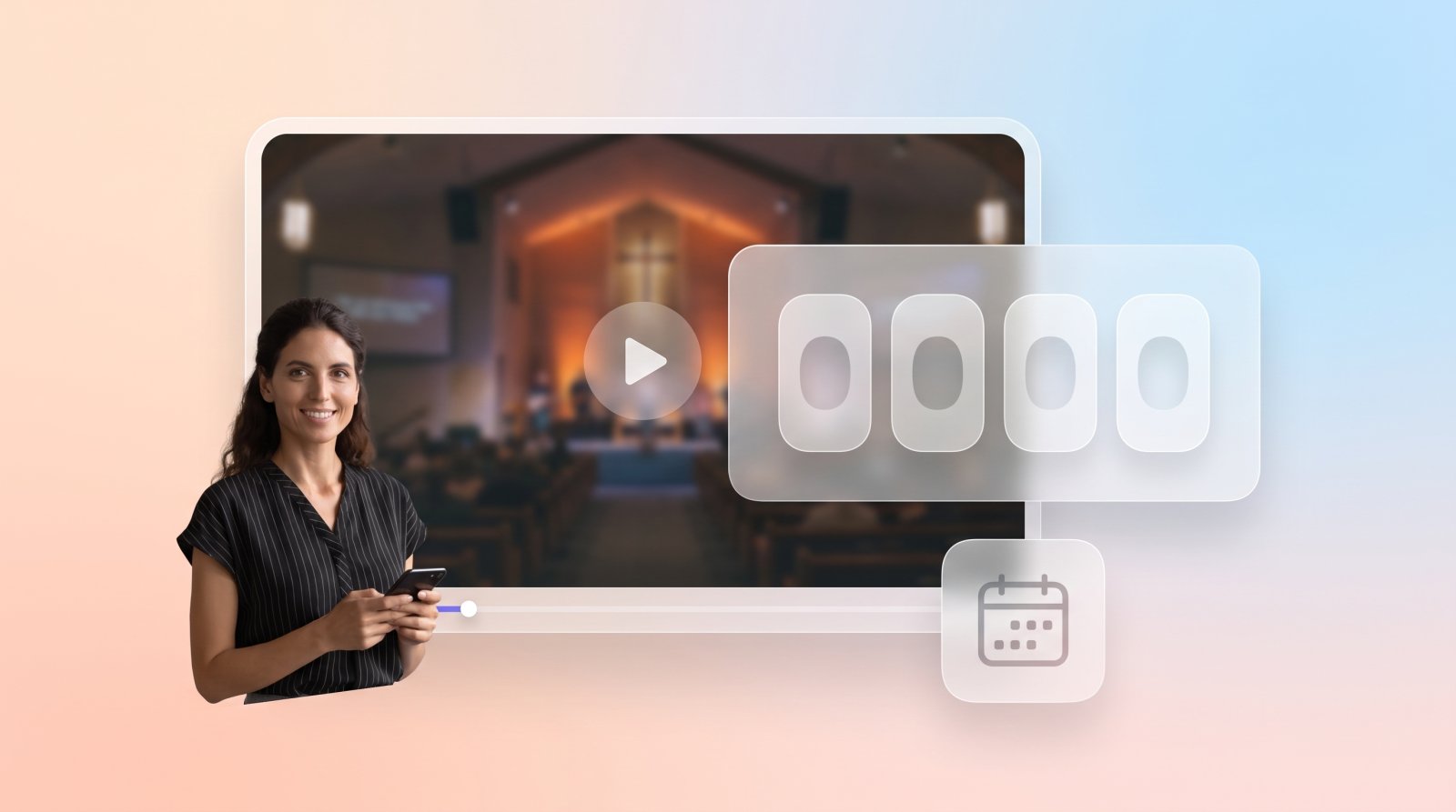 A church website video player with a countdown card to the next service