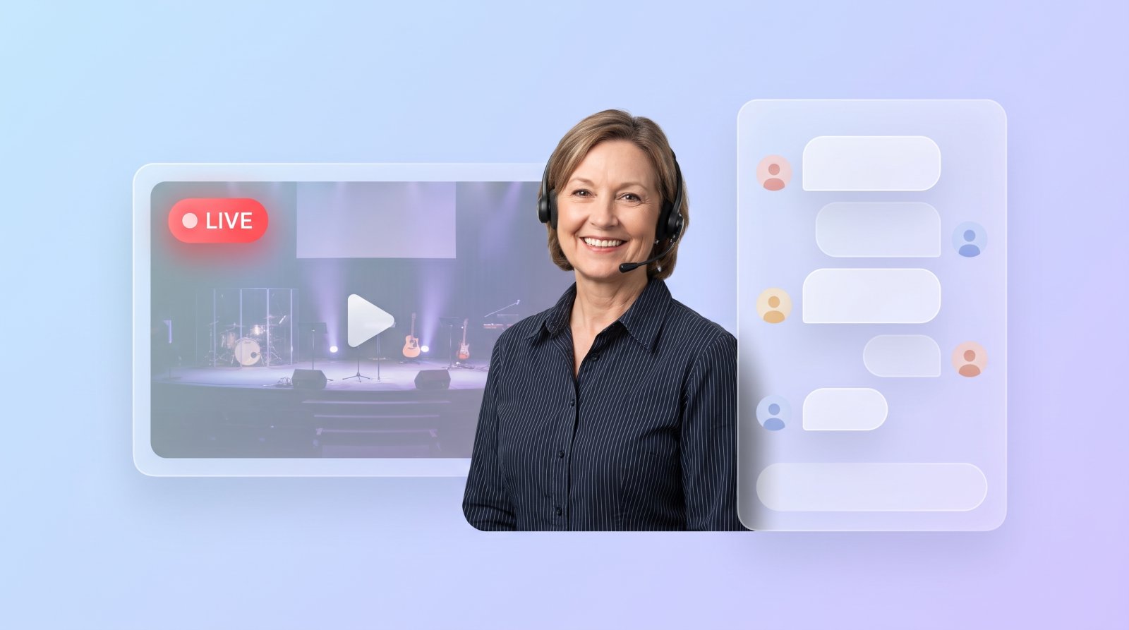 A church tech volunteer beside a live video player and a live chat panel on a church website