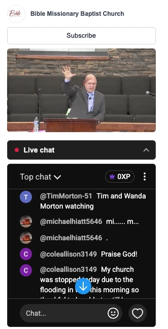 The same widget on a phone, with the chat folded into a bar under the player and then opened