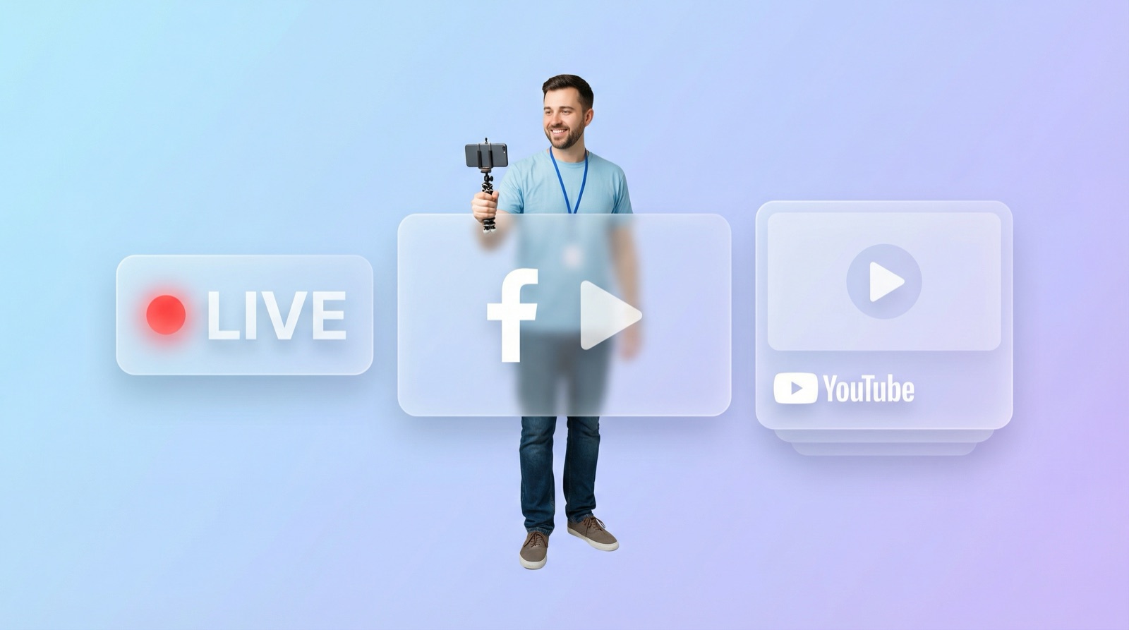 Church volunteer holding a smartphone on a tripod with floating live streaming UI elements