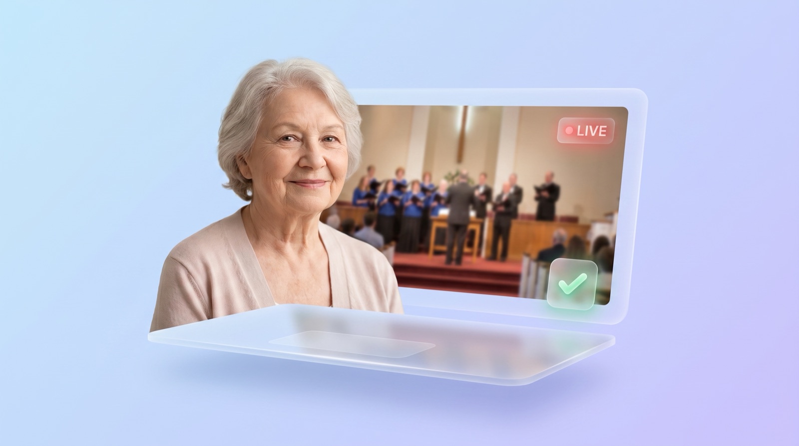 An older church member watching a Sunday service on a church website, with no Facebook login required