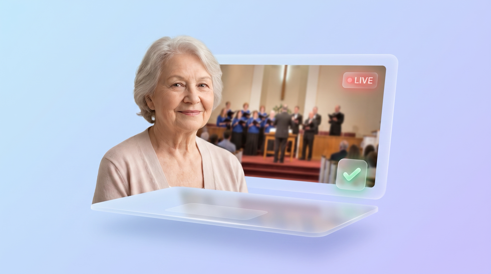 An older church member watching a Sunday service on a church website, with no Facebook login required