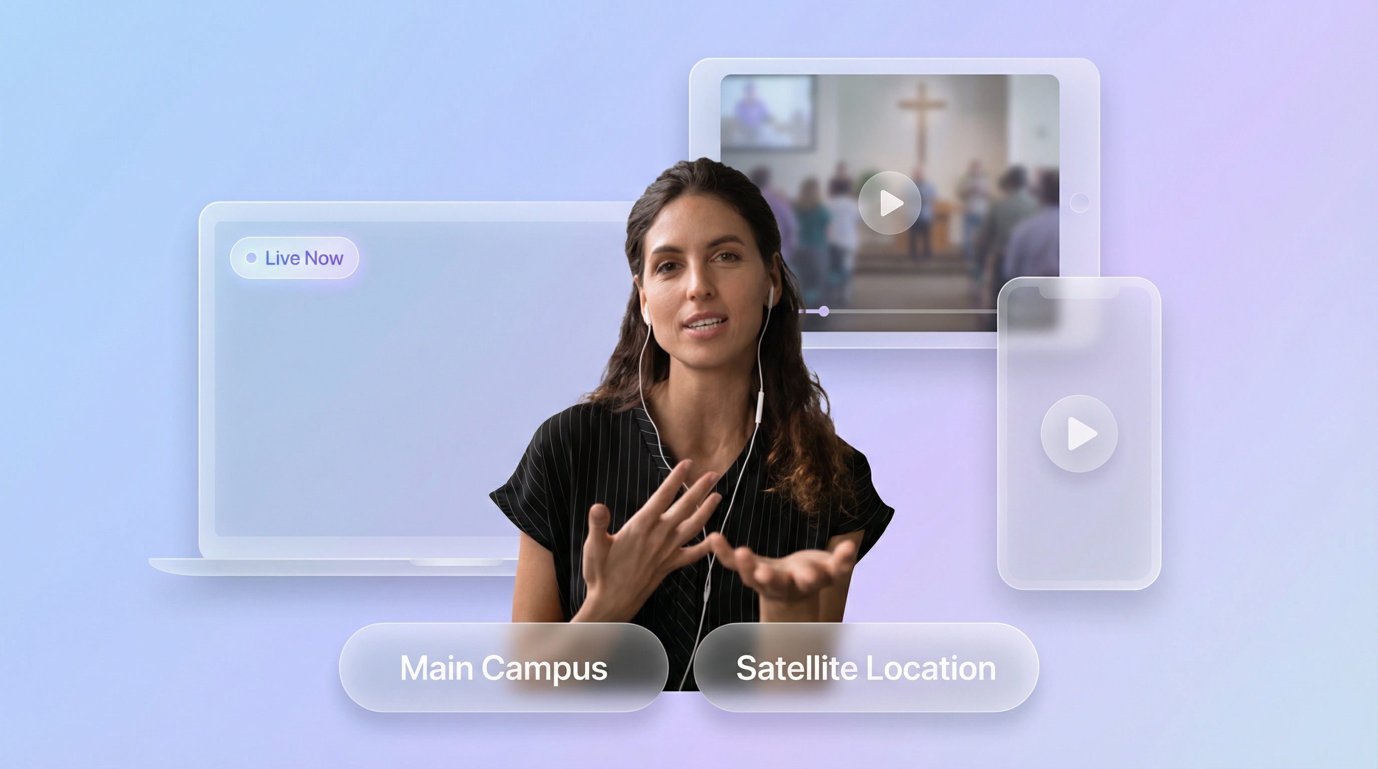 Multiple devices showing a church live stream across different locations and screen sizes