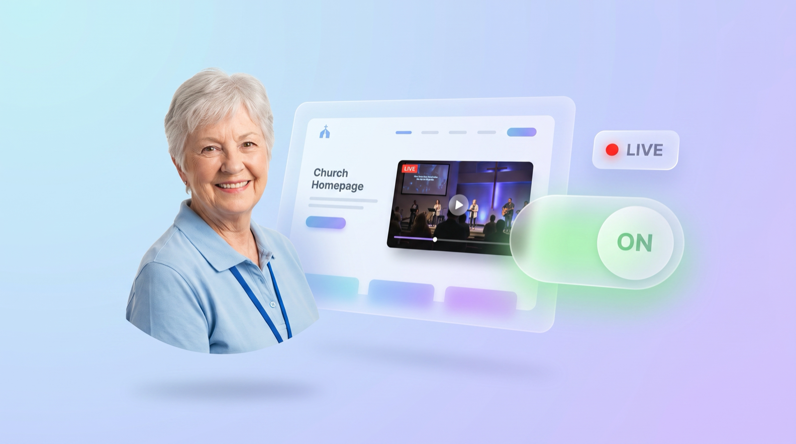 A church volunteer next to a church website showing an embedded live service, with an on toggle