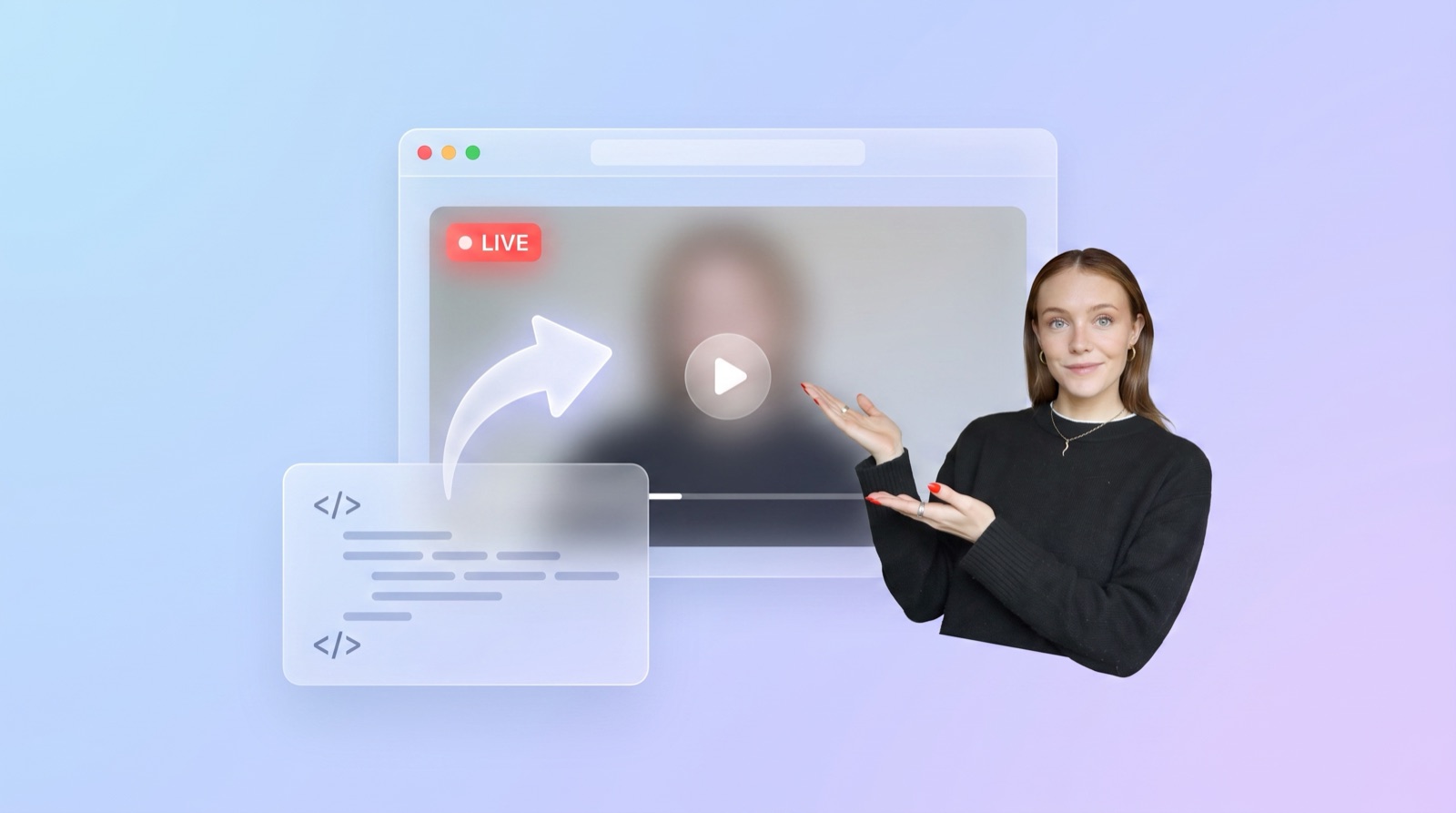 Illustration of an embed code snippet flowing into a website window that shows a live video player