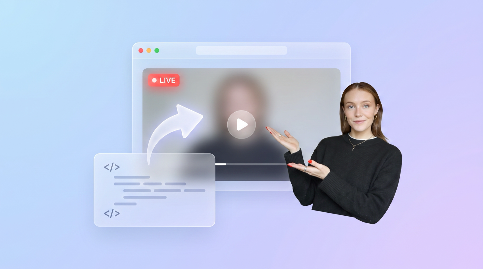 Illustration of an embed code snippet flowing into a website window that shows a live video player