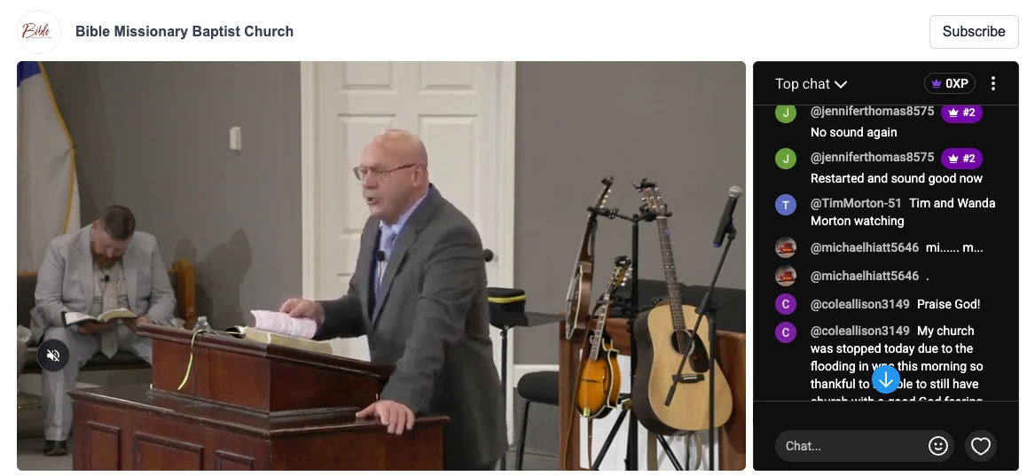 A church's Sunday service on their website with YouTube's chat beside the player