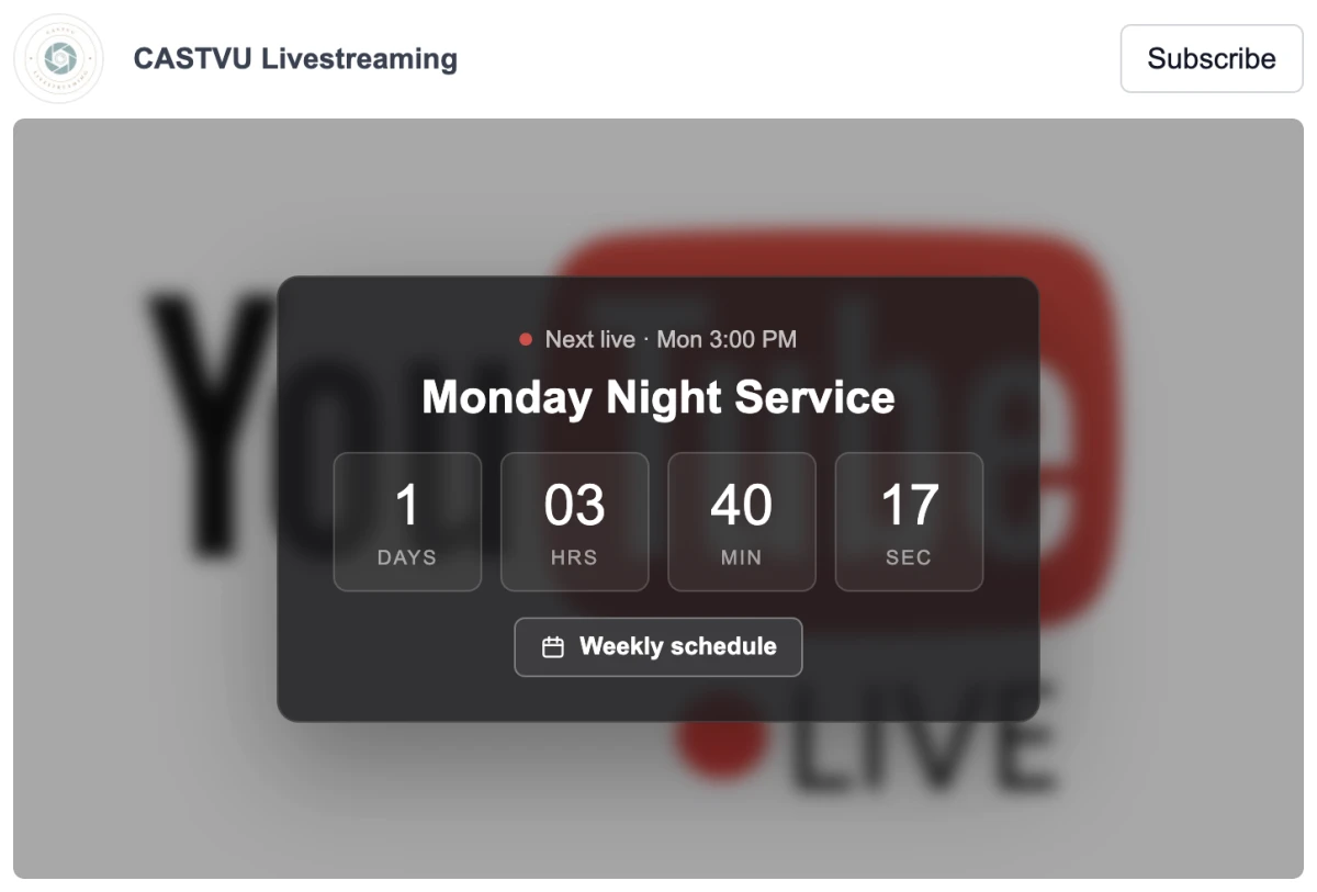The placeholder image dims and a card in the middle counts down to Monday Night Service in days, hours, minutes and seconds