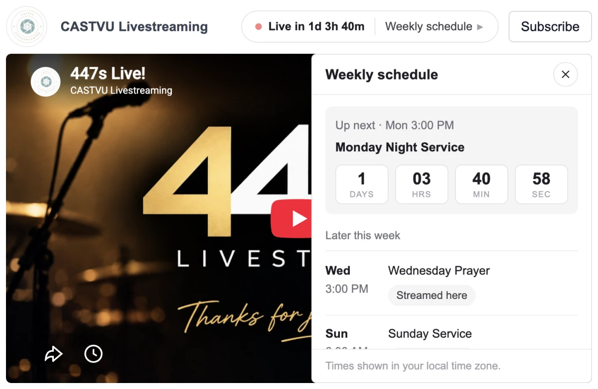 The weekly schedule open over the video: Up next with its countdown, then Later this week with a Streamed here mark on the events shown on the site