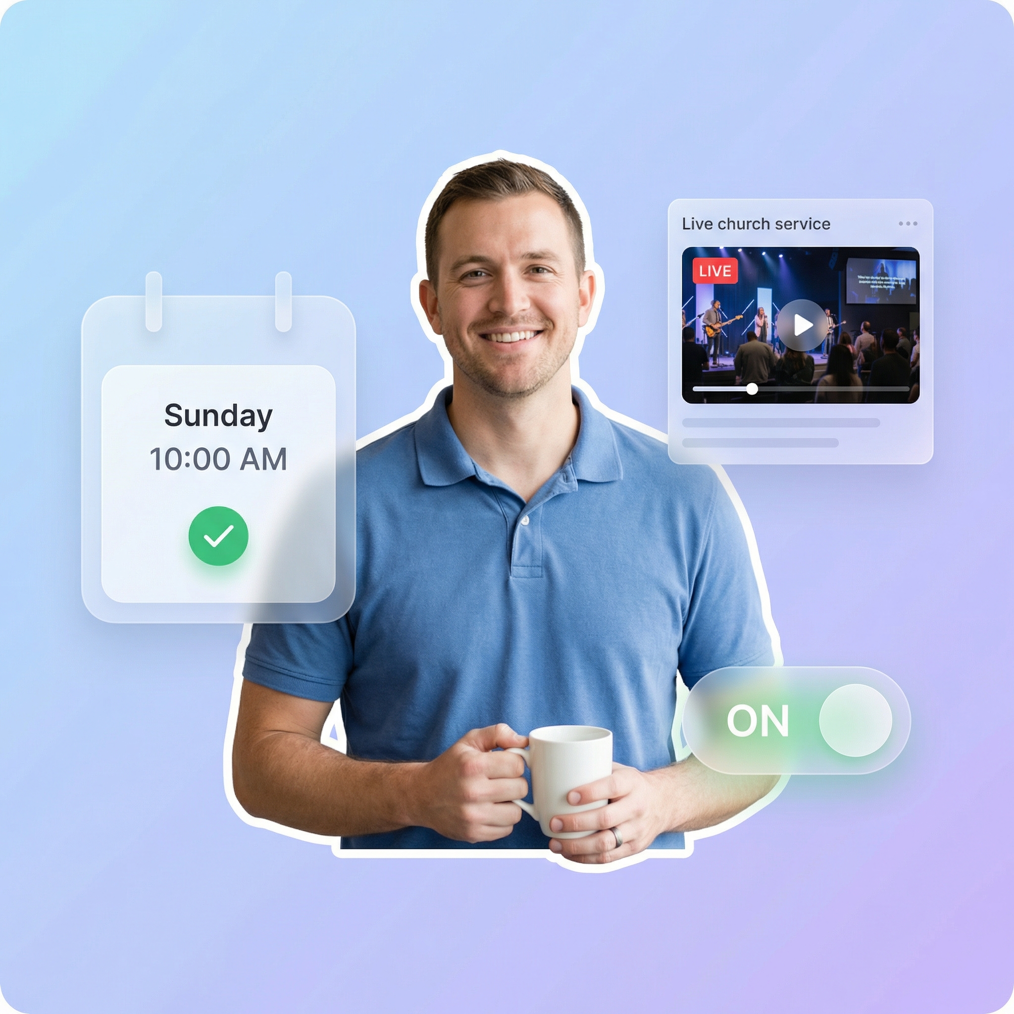 Relaxed church volunteer with coffee while automated live stream plays on schedule