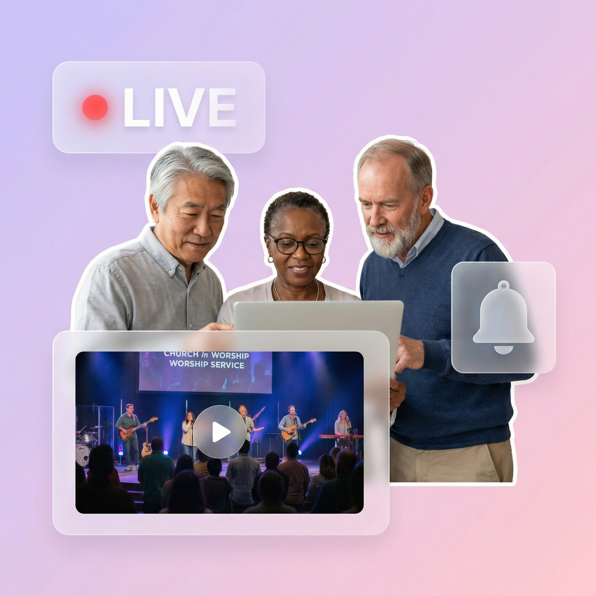Diverse church members watching a live streamed service on a website