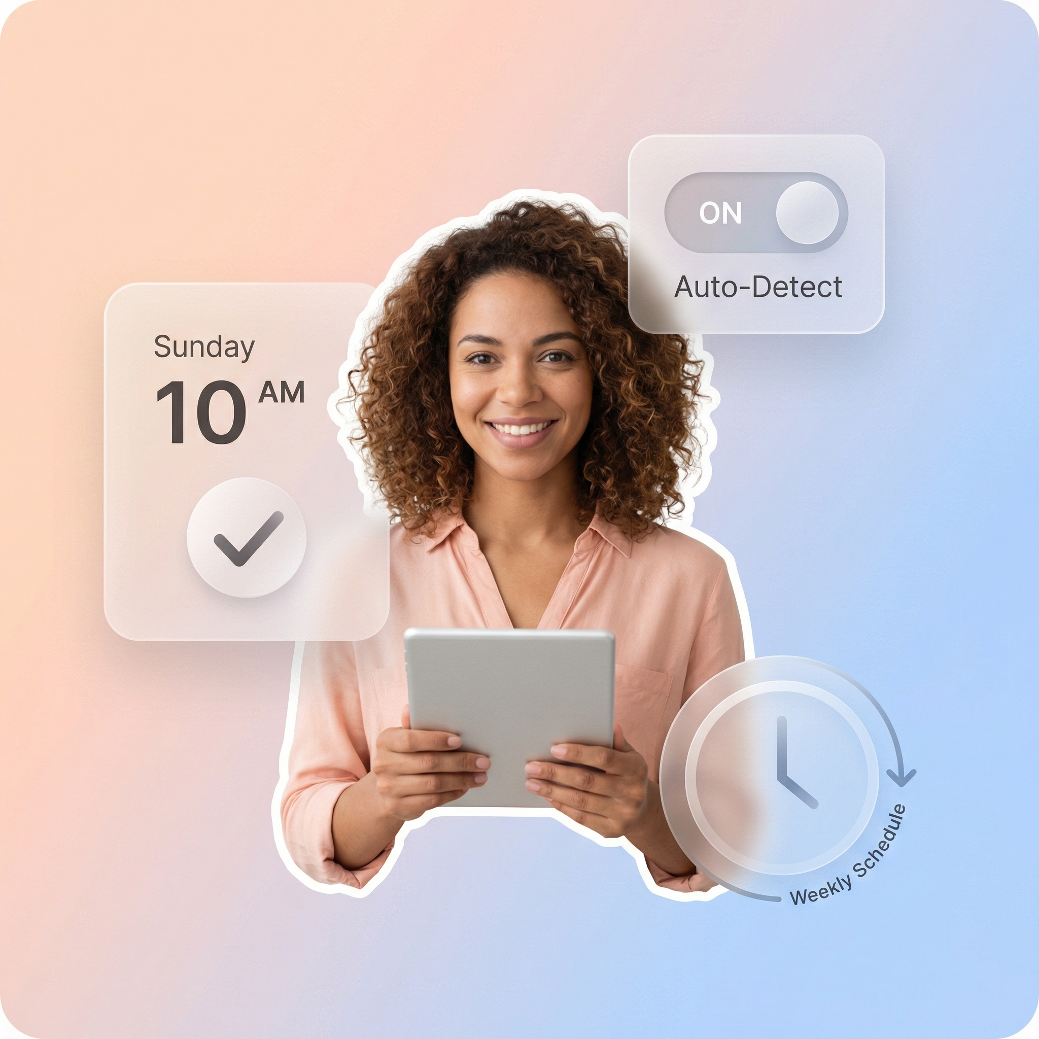 Relaxed church volunteer with tablet while automatic live stream detection handles Sunday morning