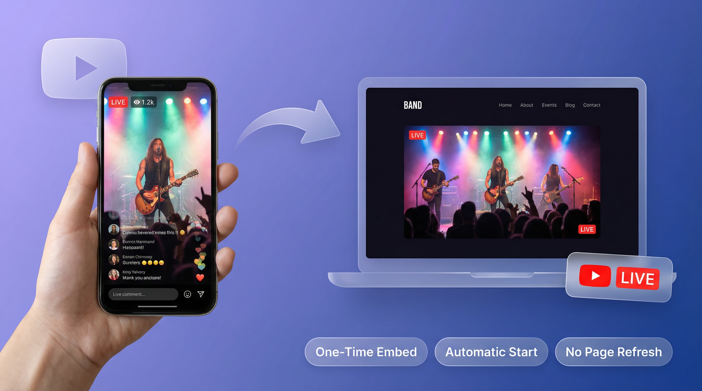 EmbedVidio live concert widget on musician website