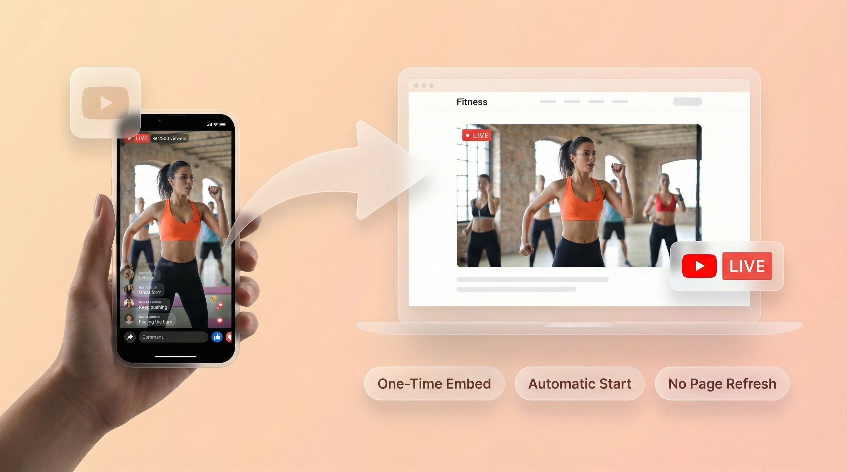 EmbedVidio fitness livestream widget auto-embedded on website