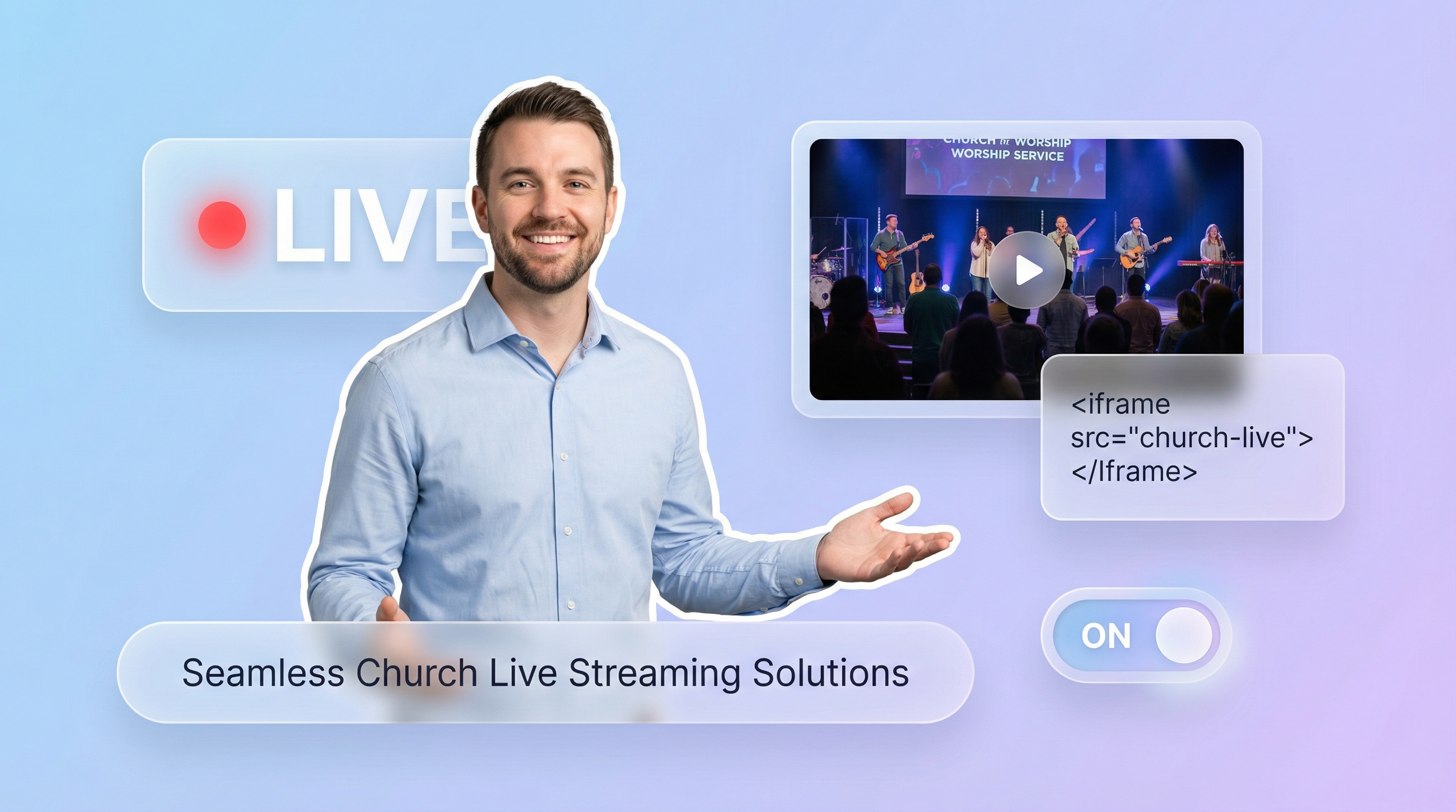 EmbedVidio church live stream embed showing live detection toggle and embed code on blue-purple gradient