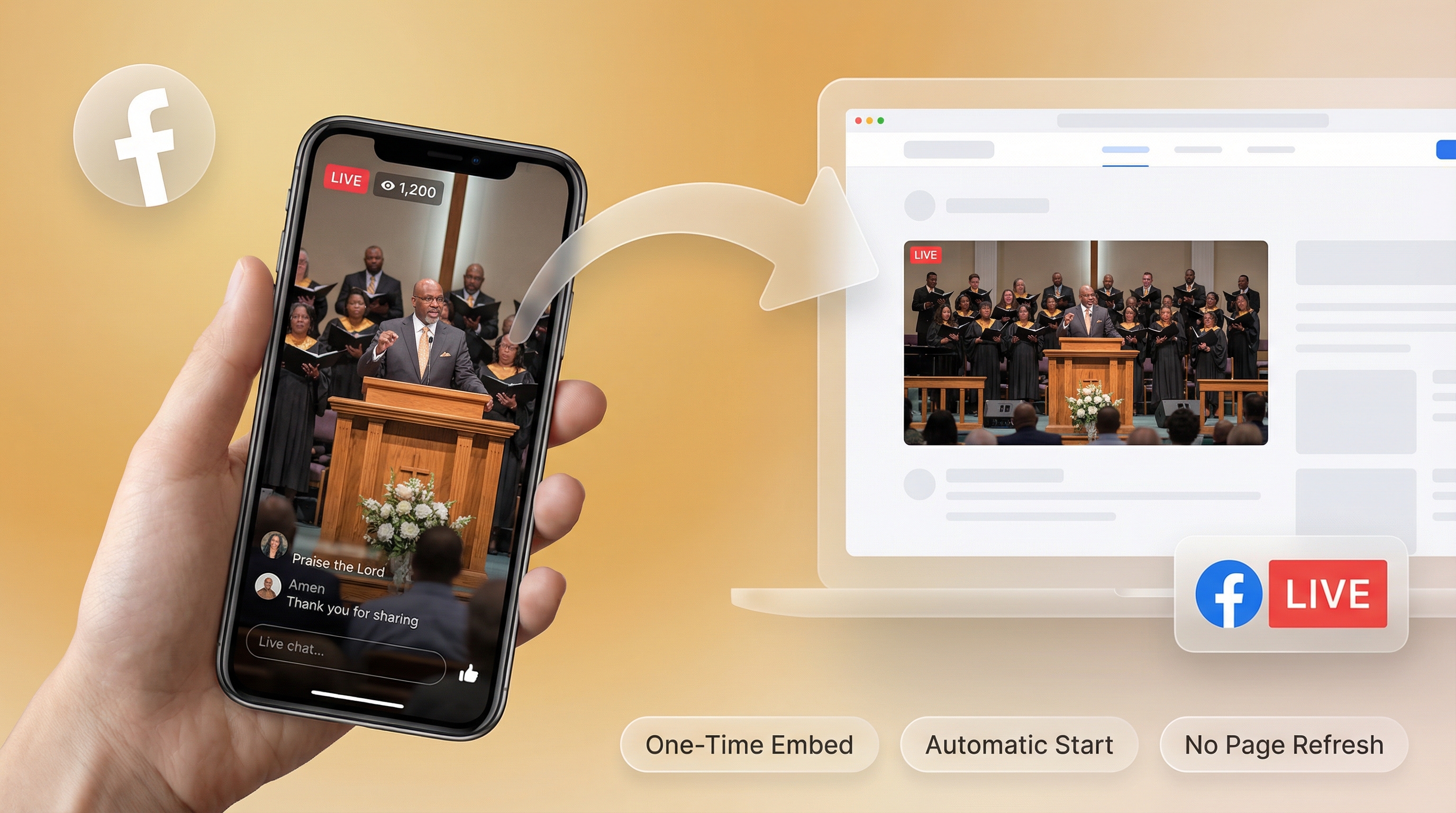 EmbedVidio live stream church services widget showing a worship service with video carousel