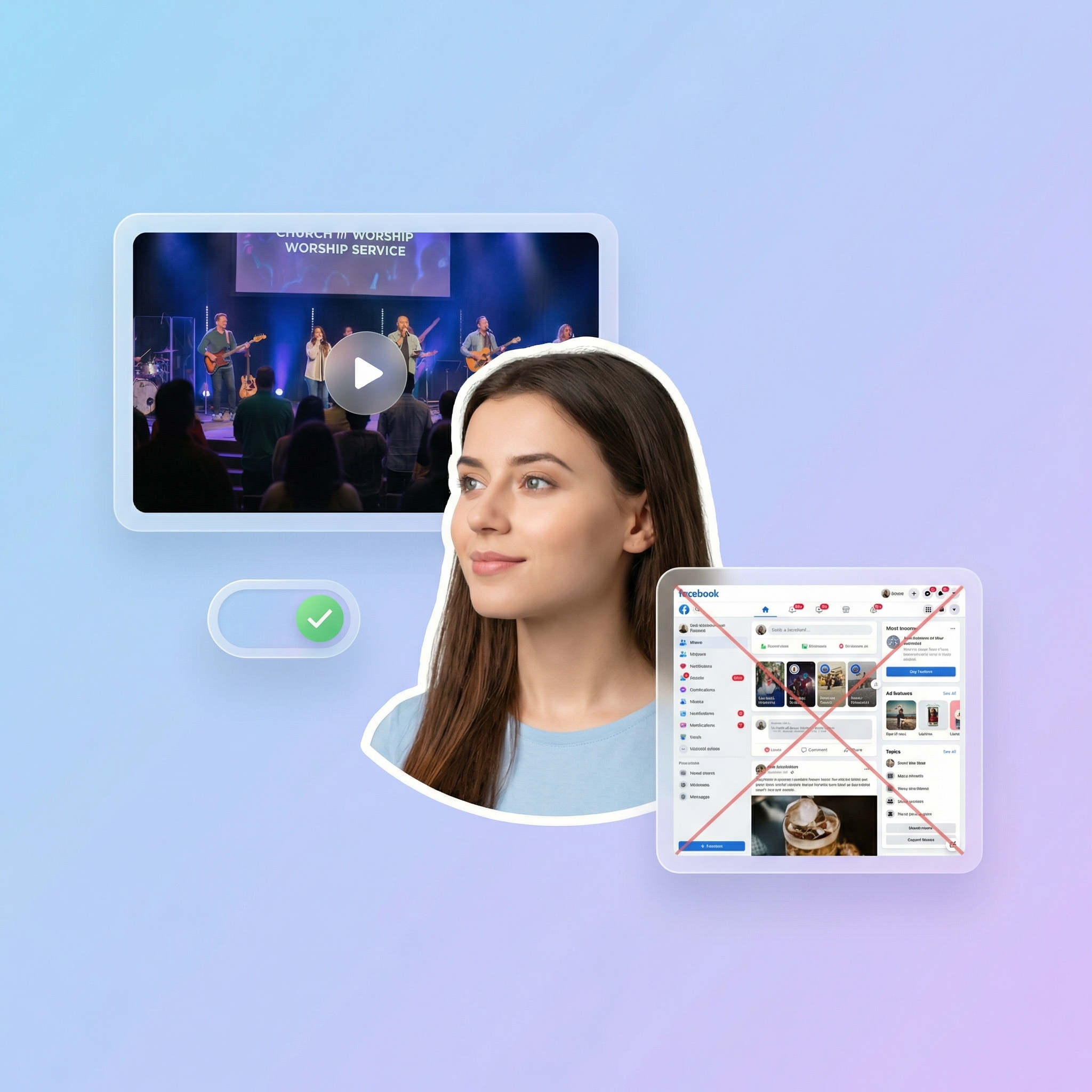 Clean church website video player compared to cluttered Facebook interface