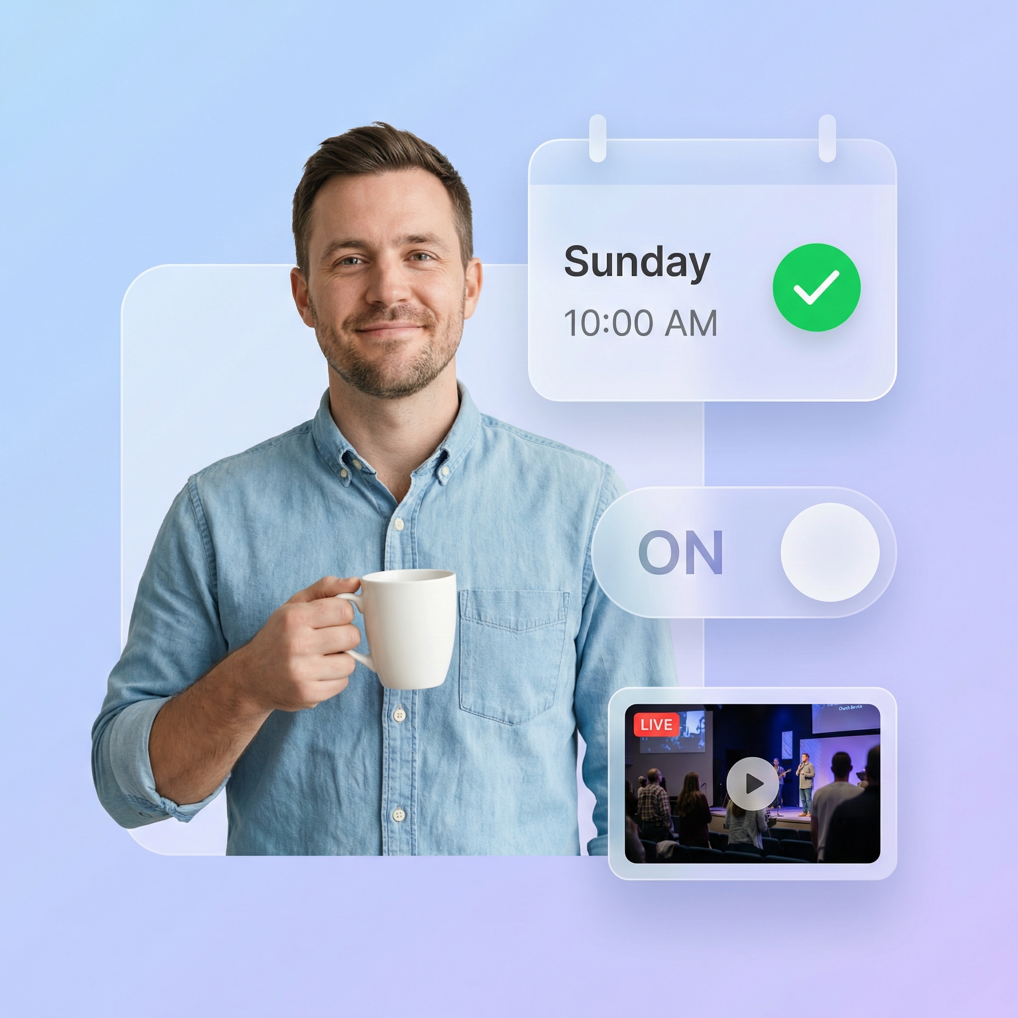 Relaxed church volunteer with automated Sunday live stream scheduling