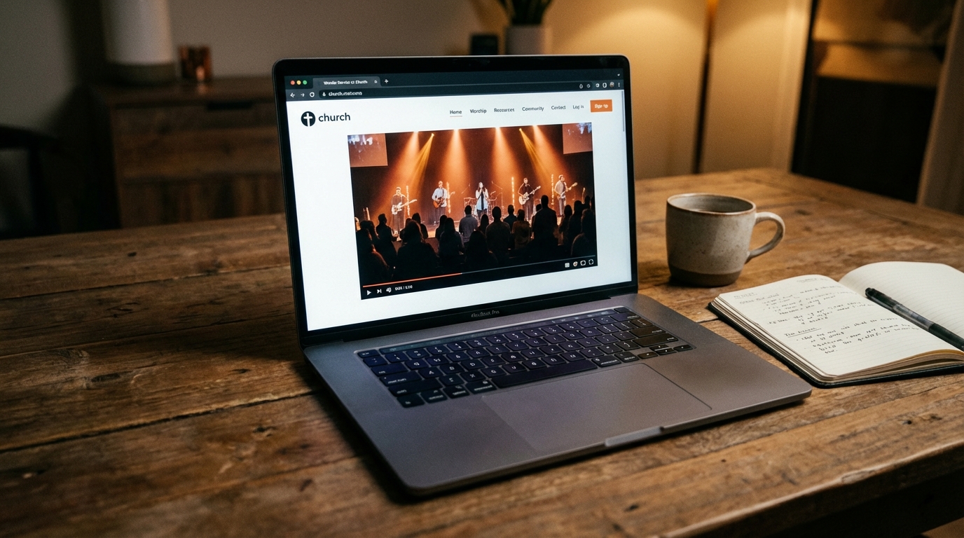 Laptop showing a church website with an embedded live stream video player