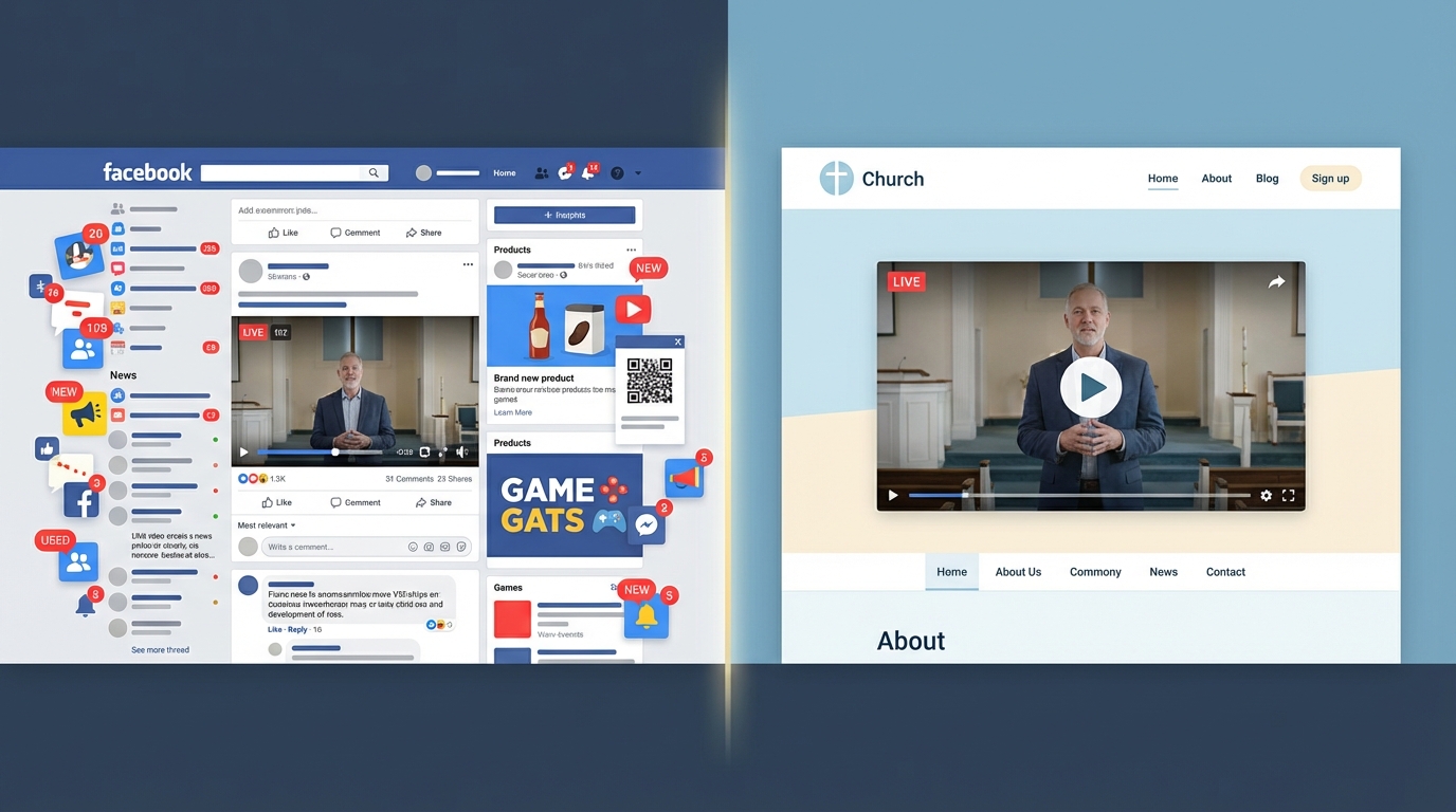 Comparison of cluttered social media feed versus clean church website with embedded video