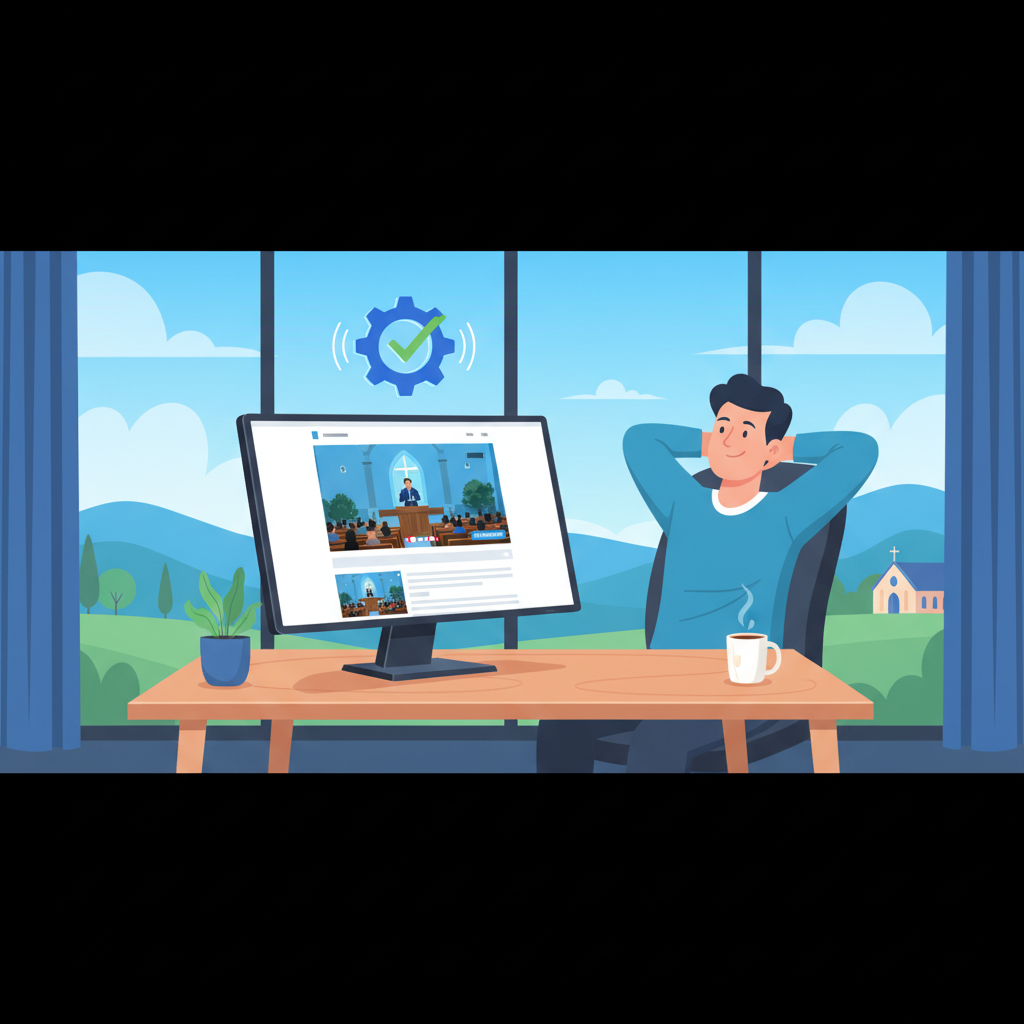 Church tech volunteer setting up a live stream from a desk