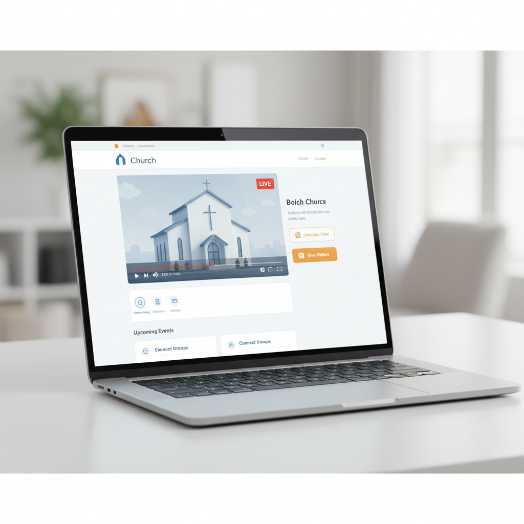 Phone and laptop on a desk both showing a church worship live stream on a website