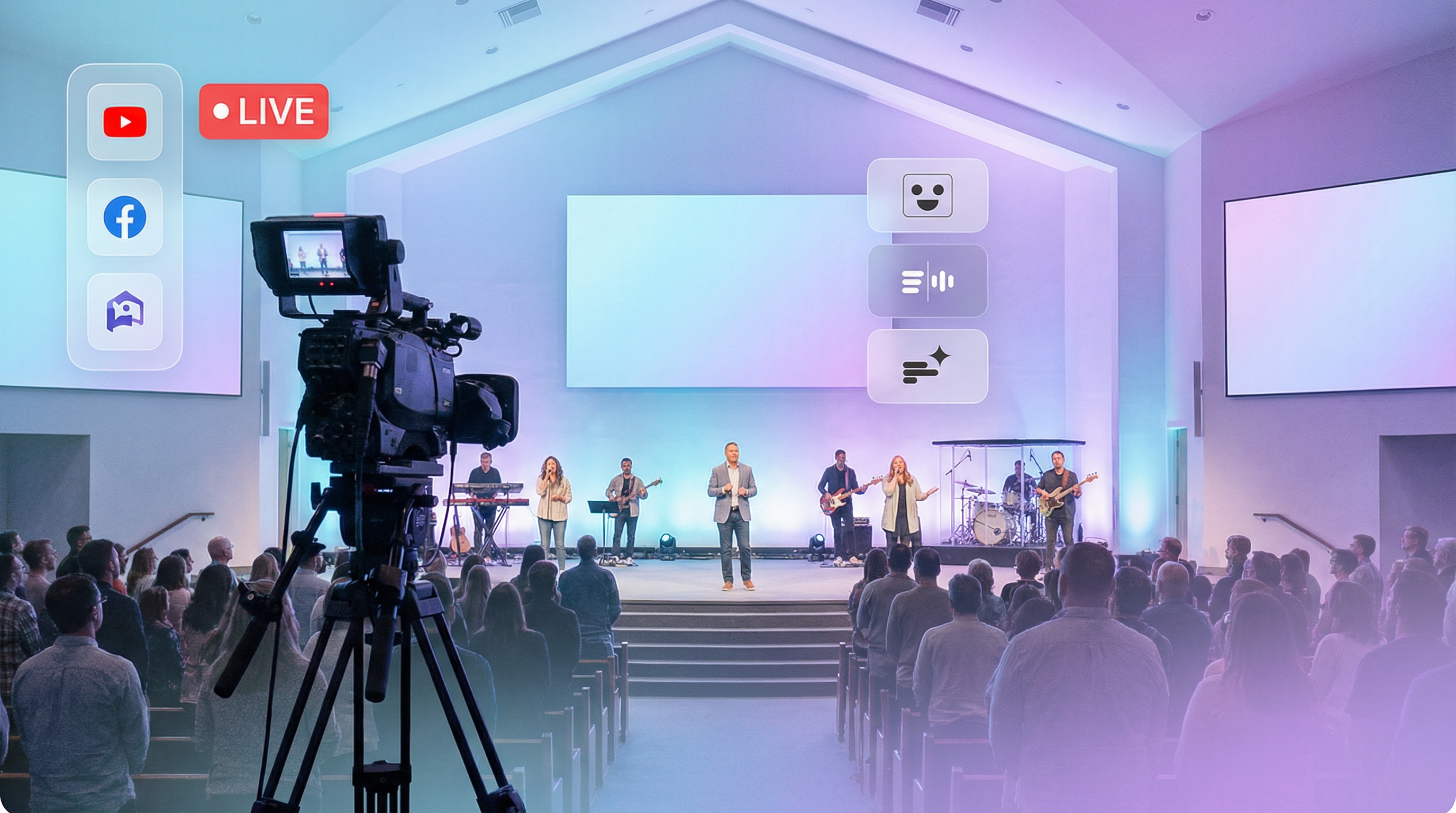 Church worship service being live streamed with professional camera and streaming UI overlays